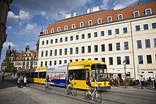 Sustainable transport and cyclability are components of improving the sustainability of a city. Tram in front of the Taschenbergpalais Hotel, Dresden - 1448.jpg