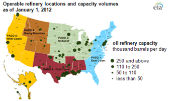 Location of United States petroleum refineries, 2012 USEIA Refineries.png