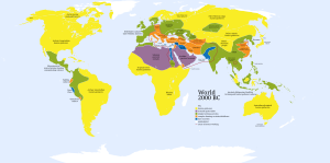 Map of the world in 2000 BCE, just after the end of the 3rd millennium BCE, colour coded by cultural stage.
.mw-parser-output .legend{page-break-inside:avoid;break-inside:avoid-column}.mw-parser-output .legend-color{display:inline-block;min-width:1.25em;height:1.25em;line-height:1.25;margin:1px 0;text-align:center;border:1px solid black;background-color:transparent;color:black}.mw-parser-output .legend-text{}
simple farming societies
complex farming societies (Near East, Europe, China, Andes)
state societies (Fertile Crescent, Egypt, Indus, Crete, Caral/Norte Chico) World in 2000 BC.svg