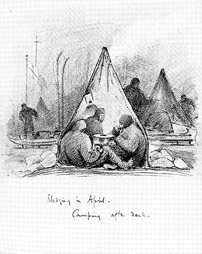 Drawing of three men huddled in a conical tent, with campmaking activities in background
