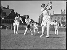 Y.M.C.A. women playing cricket as part of 'sports for troops', Sydney University, 23 April 1941 Y.M.C.A. women playing cricket, Sydney University, R. Donaldson, 23 April 1941.jpg