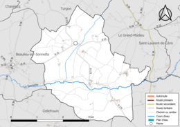 Carte en couleur présentant le réseau hydrographique de la commune