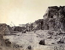 The Jantar Mantar observatory in Delhi in 1858, damaged in the fighting. 1857 ruins jantar mantar observatory2.jpg
