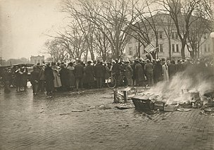 A pile of German textbooks from the Baraboo High School burning on a street in Baraboo, Wisconsin during an anti-German demonstration A pile of German textbooks, from the Baraboo High School, burning on a street in Baraboo, Wisconsin, during an anti-German demonstration LCCN2016652340.jpg
