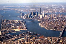 View from an airplane in 1981 prior to the September 11 attacks when the Lower Manhattan skyline was dominated by the Twin Towers of the former World Trade Center Aerial view of East River, Lower Manhattan, New York Harbor, 1981.jpg