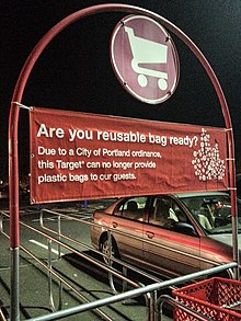 Laws banning plastic bags are ways to solve core issues of plastic emissions. Are you reusable bag ready - Target Portland plastic bag ban ordinance (16803680204).jpg