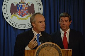 Governor Bob Riley with Secretary of the Interior Dirk Kempthorne addressing inter-state water issues in October 2007. Assignment- 48-DPA-10-26-07 SOI K GA Ala) Meeting and press conference in Montgomery, Alabama (concerning inter-state water issues arising from the drought affecting the southeaster - DPLA - a6088842b35d48901dece9b9dc6b59a3.JPG