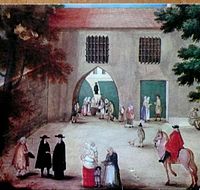 Anonyme, début du XVIIIe siècle. Des pauvres secourus à la porte de l'abbaye. Gouache sur parchemin.