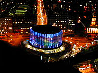 London IMAX has the largest cinema screen in Britain with a total screen size of 520 m . BFI London IMAX at night.jpg