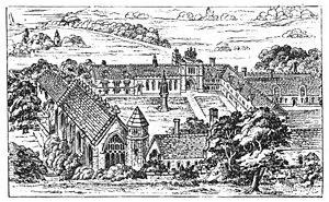 English: Line drawing of Bermondsey Abbey, England