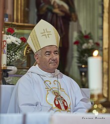 Bishop József-Csaba Pál, the Roman Catholic Bishop of Timișoara, dressed in liturgical vestments.