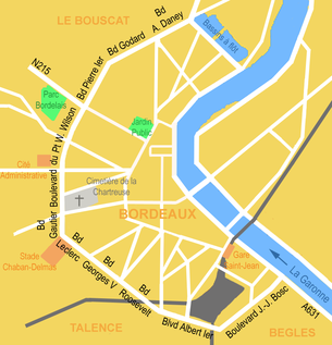 Розташування Стад Жак-Шабан-Дельмас в Бордо (ліва сторона, позначення рожевим коліром, уздовж бульвару Leclerc).