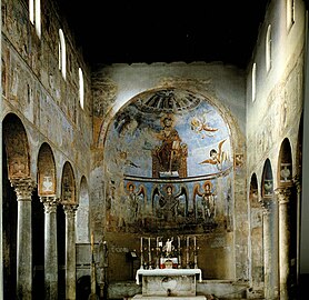 Fresques de la église abbatiale de Sant'Angelo in Formis (Capoue, Italie), vers 1087. Ils constituent le meilleur exemple du « style Monte Cassino » imposé par l'abbé Desiderio[23].