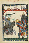 Miniatur aus dem Codex Manesse mit turnierenden Rittern, die die Wappen der Psitticher und Sterner tragen