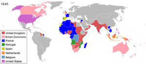 World map of colonization at the end of the Second World War in 1945 Colonization 1945.png