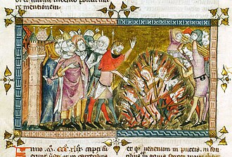 Jews being burned at the stake in 1349. Miniature from a 14th-century manuscript Antiquitates Flandriae by Gilles Li Muisis Doutielt1.jpg