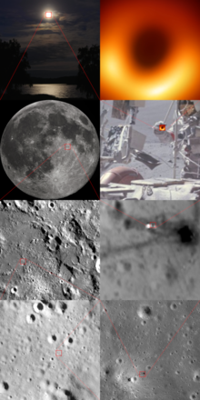 A series of images descriptive of the level of magnification achieved by the EHT (akin to seeing, from the Earth's surface, an object the size of a tennis ball on the Moon); starts at top-left image and moves counter-clockwise to finish at top-right corner Event Horizon Telescope and Apollo 16.png