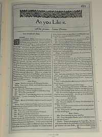 Faksimil av första sidan i As You Like it från First Folio, publicerad 1623