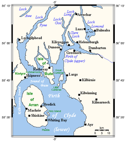 Zemljevid, ki prikazuje zahodno obalo Škotske okoli Firth of Clyde