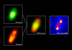 The dust disk around Fomalhaut--the brightest star in Piscis Austrinus constellation. Asymmetry of the disk may be caused by a giant planet (or planets) orbiting the star. Fomalhaut Circumstellar Disk.jpg