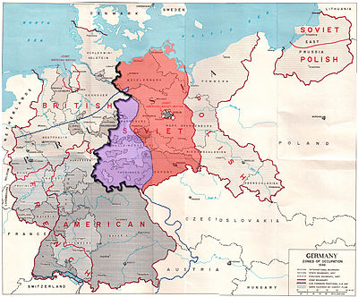 Карта зон оккупации союзников в послевоенной Германии, а также линия передовых позиций США в День Победы. Юго-западная часть советской оккупационной зоны, почти треть ее общей площади, находилась к западу от передовых позиций США в день Победы.