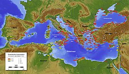 Map of Phoenician (in yellow) and Greek colonies (in red) about 8th to 6th century BC. Griechischen und phonizischen Kolonien.jpg