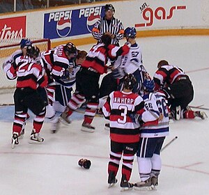 English: Hockey fight between the Sudbury Wolv...