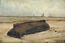 W. Maris, c. 1870: 'Een boot op het strand', olieverf op paneel