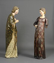 Ange et Vierge de l'Annonciation, Milieu du XIVe siècle, Italie, Toscane, bois et noyer polychrome. H 175 cm