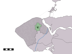 The village centre (dark green) and the statistical district (light green) of Serooskerke in the municipality of Veere.