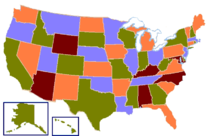 A four-coloring of a map of the states of the United States (ignoring lakes). Map of United States vivid colors shown.png