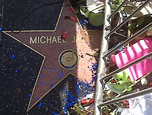 A pink star with the writing "Michael Jackson" and a gold colored rim. The star is surrounded by a metal silver colored barrier and flowers. There is also blue confetti and pink rose bud pedals on top of the star.