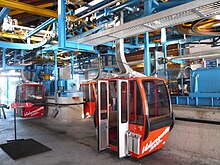 Interior of a gondola lift station, in this case, an intermediate station where gondolas detach from the line, automatically travel through the building on tracks and attach to the line of the second section. The drive motors for both sections are visible below the bull wheels. Mueller gondola gstaad3.jpg