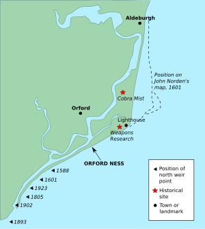 Map showing Orford Ness and historical extent. Orford Ness Map (UK).svg