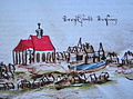 Stadt Preßnitz im Jahre 1591, rechts neben der gerade erst erbauten Stadtkirche Mariä Himmelfahrt (ca. 1583–1593) ist mutmaßlich die Burg zu sehen