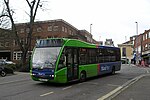 One of the emergency fleet sent to cover for the takeover of the First Southampton network, an Optare Versa brought from Swindon's Bus Company, in Southampton in February 2023. [80]
