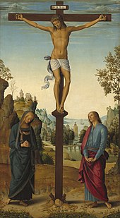 Tableau présentant Jésus sur sa croix, au pied de laquelle se trouvent deux femmes.
