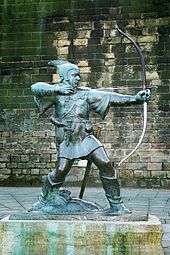 A statue of Robin Hood, a heroic outlaw in English folklore Robin Hood Memorial.jpg