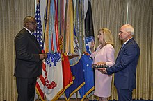 Christine Wormuth is sworn in as the 25th secretary of the Army by Secretary of Defense Lloyd Austin at the Pentagon, Washington, D.C., May 27, 2021. SECDEF Lloyd J Austin III presides over SECARMY Christine E. Wormuth's swearing-in ceremony 210527-D-BM568-2012.jpg