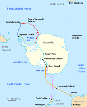 Outline of Antarctica coast, with different lines indicating the various journeys made by ships and land parties during the expedition