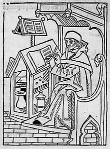 Scriptorium monk at work. "Monks described this labor of transcribing manuscripts as being 'like prayer and fasting, a means of correcting one's unruly passions.'" Skriptorium Holzschnitt.jpg