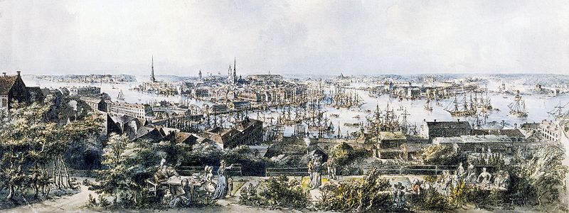 Utsikt över Stockholm från Mosebacke på Södermalm (bilden är beskuren). Denna bild utfördes som akvarellerad etsning i samlingen Utsigter över Stockholm (1797), en variant i akvatint utgavs som första bladet i serien Svenska vyer (1805).