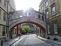 The Bridge of Sighs links sections of Hertford College as seen from Catte Street leading into New College Lane.