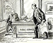 Political Cartoon from 1912: A man representing the public with a copy of a newspaper with the headline "Titanic Disaster" pounding his fist on a "Public Services" desk belonging to a man representing "The Companies"