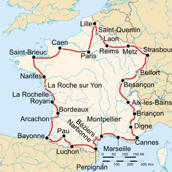 Map of France with the route of the 1938 Tour de France