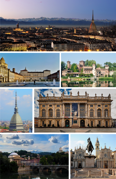 Panorama kota Turin, memperlihatkan Mole Antonelliana, serta Alpen, dari Monte dei Cappuccini