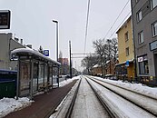 Torowisko tramwajowe przebiegające przez ulicę.