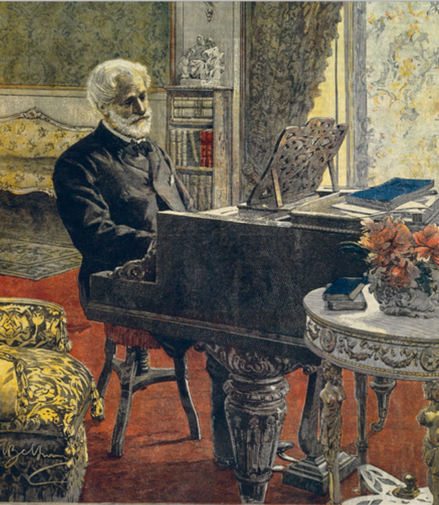 Illustration en couleur qui représente un salon ensoleillé richement décoré et meublé. Au centre : un homme, barbe et cheveux blancs assis à un piano à queue et jouant.