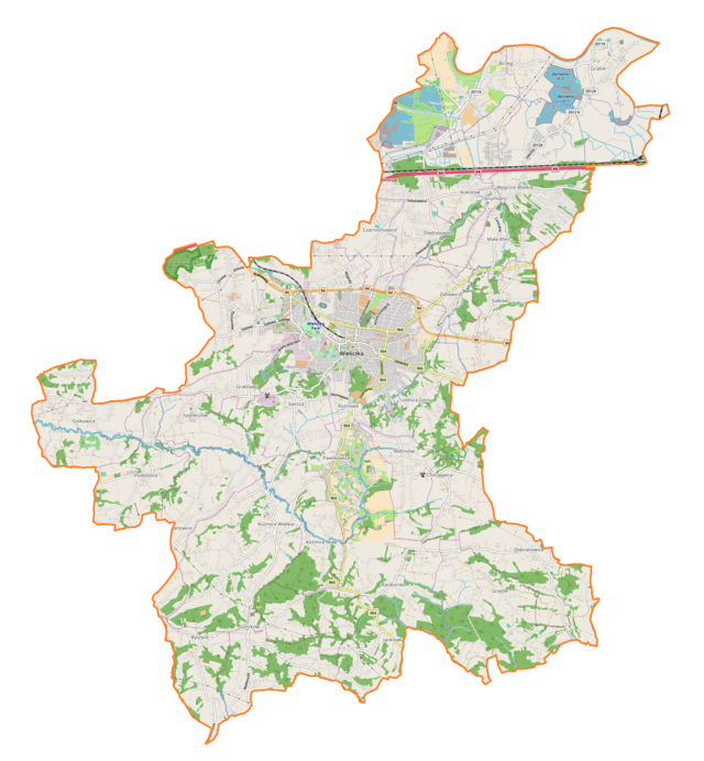 Mapa konturowa gminy Wieliczka, w centrum znajduje się punkt z opisem „Wieliczka”