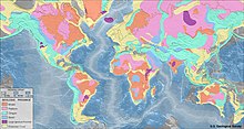 Geologic provinces of the world. The pink and orange areas are shields and platforms, which together constitute cratons. World geologic provinces.jpg